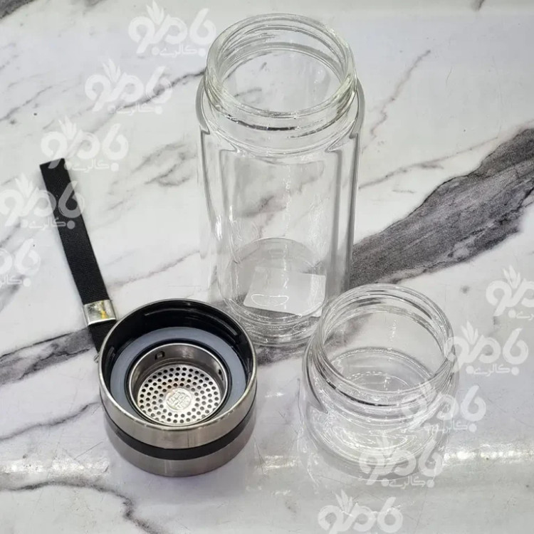 ماگ دمنوش شیشه ای دوجداره دور استیل